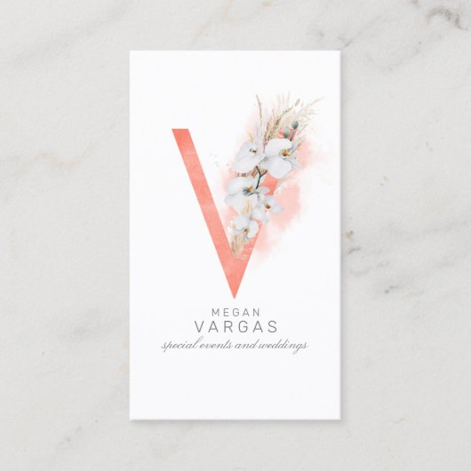 V Letter Monogram White Orchids and Pampas Grass Visitekaartje (Voorkant)