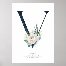 V Letter Monogram Witte Bloemen en Groene Planten Poster