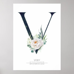 V Letter Monogram Witte Bloemen en Groene Planten Poster