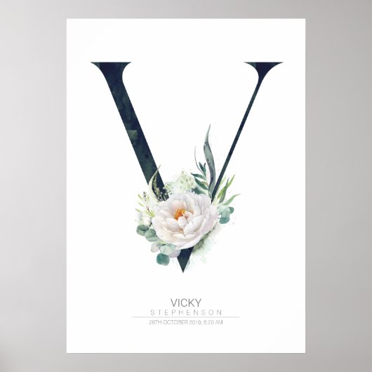 V Letter Monogram Witte Bloemen en Groene Tinten Poster (Voorkant)
