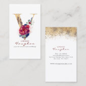 V Monogram Bourgogne Goud en Marine Blauwe Bloemen Visitekaartje (Voorkant / Achterkant)