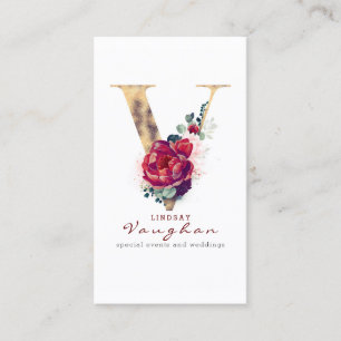 V Monogram Burgundy Red Flower and Gold Glitter Visitekaartje