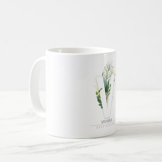 V Monogram Gold Greenery laat elegante naam Koffiemok (Voorkant links)
