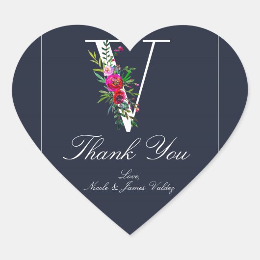 V Monogram Laatste Initiaal Modern Blauw Bloemstuk Hart Sticker (Voorkant)