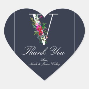 V Monogram Laatste Initiaal Modern Blauw Bloemstuk Hart Sticker