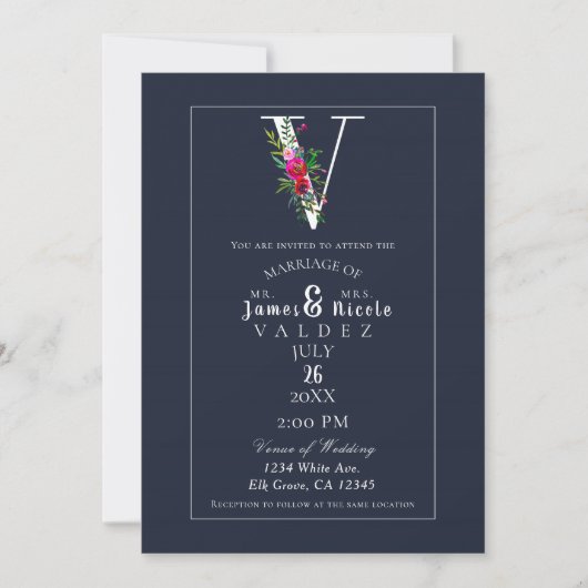 V Monogram laatste Initiaal Modern Blue Floral Wed Kaart (Voorkant)