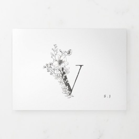 'V' Monogram mooi geborsteld Floral Wedding Drieluik Uitnodiging (Cover)