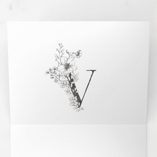 'V' Monogram mooi geborsteld Floral Wedding Drieluik Uitnodiging (Binnenzijde eerst)