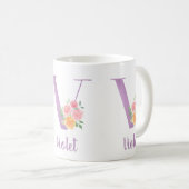 V Monogram Paarse Bloem Waterverf Gepersonaliseerd Koffiemok (Voorkant rechts)