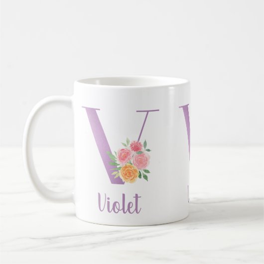 V Monogram Paarse Bloem Waterverf Gepersonaliseerd Koffiemok (Links)