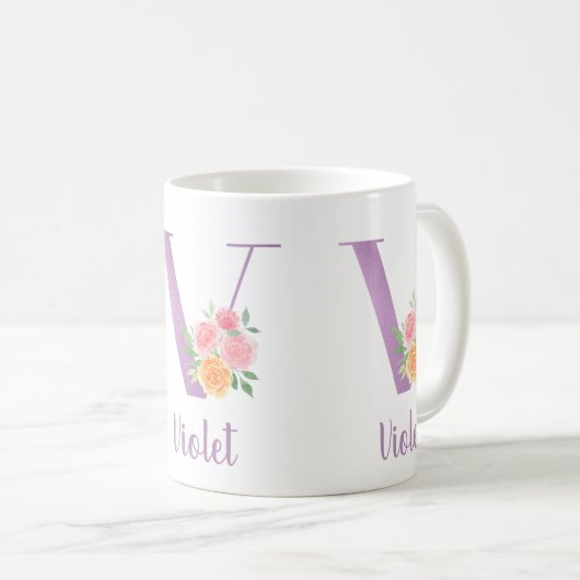 V Monogram Paarse Floral Waterverf Gepersonaliseer Koffiemok (Voorkant rechts)
