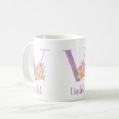 V Monogram Paarse Floral Waterverf Gepersonaliseer Koffiemok (Voorkant links)