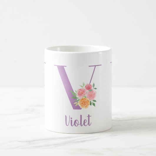 V Monogram Paarse Floral Waterverf Gepersonaliseer Koffiemok (Center)
