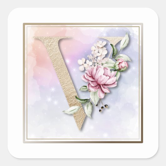 V Monogram Roze Roos Vierkante Sticker (Voorkant)