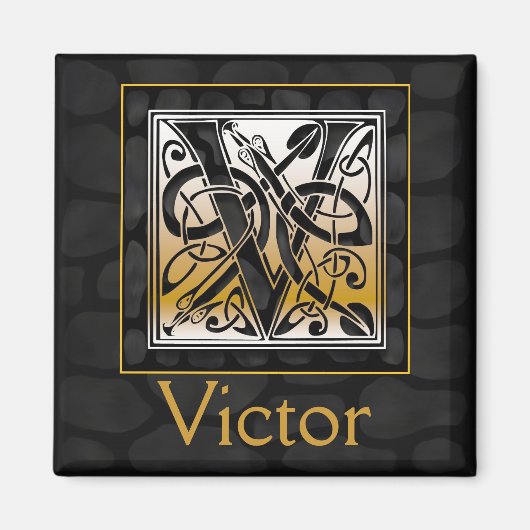 V Naam Monogram "Celtic Black Stone" Square Magnet (Voorkant)