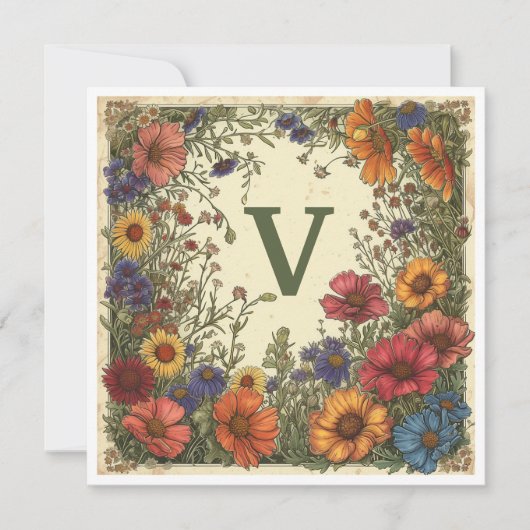 "V" Verdigris Groen: Bloom & Monogram Feestdagenkaart (Voorkant)