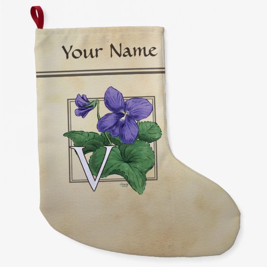 V voor Violet Flower Alphabet Monogram Grote Kerstsok (Voorkant)