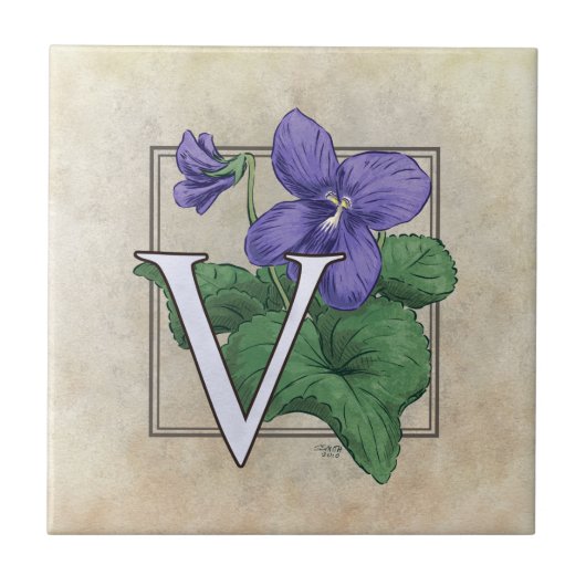 V voor Violet Flower Bloemen Monogram Art Tegeltje (Voorkant)