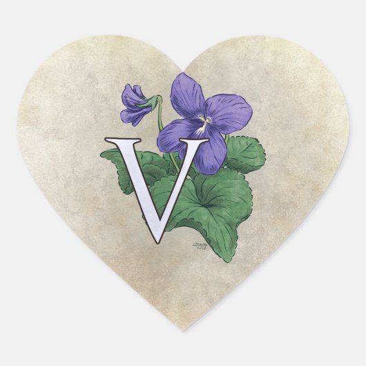 V voor Violet Flower Monogram Hart Sticker (Voorkant)