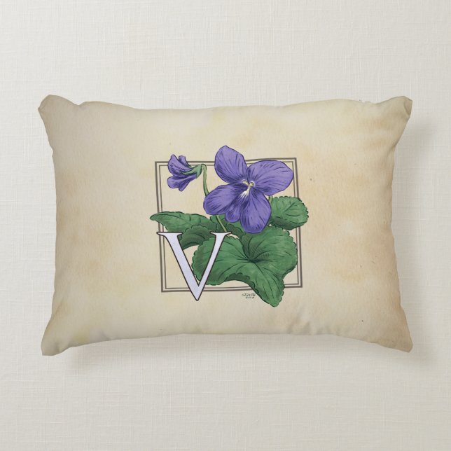 V voor Violets Flower Monogram Artwork Decoratief Kussen (Voorkant)