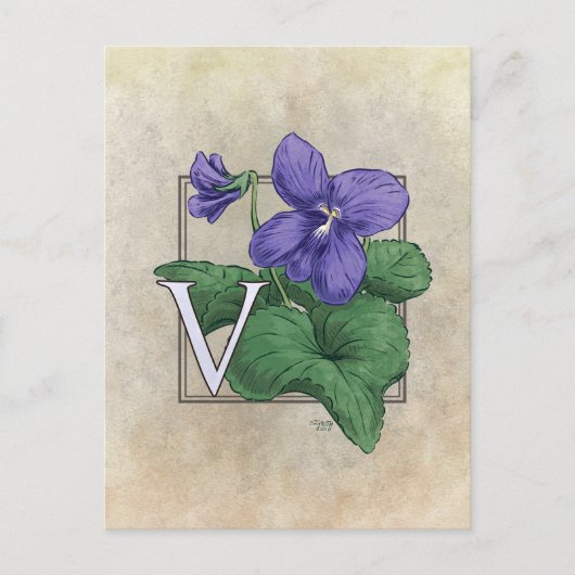 V voor Violets Flower Monogram Briefkaart (Voorkant)