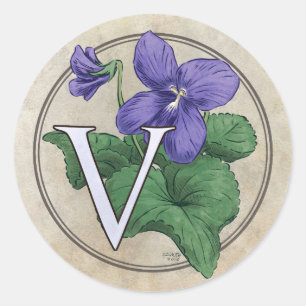 V voor Violets Flower Monogram Ronde Sticker