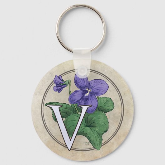 V voor Violets Flower Monogram Sleutelhanger (Voorkant)