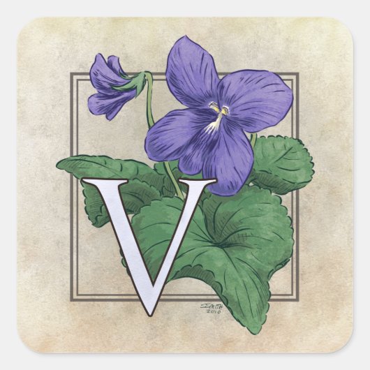 V voor Violets Flower Monogram Vierkante Sticker (Voorkant)