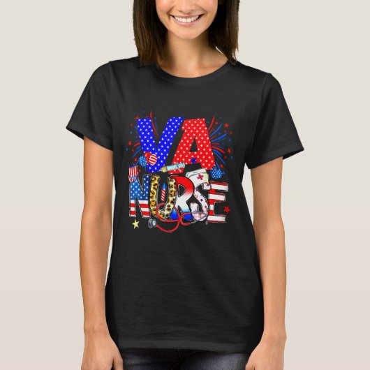 Va Nurse 4th Of July American Flag Stethoscope  T-shirt (Voorkant)