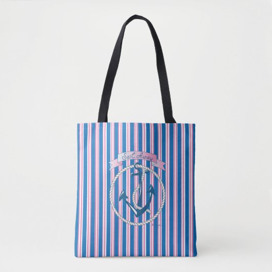 "Vaar weg", nautisch anker blauw streepjespatroon Tote Bag (Voorkant)
