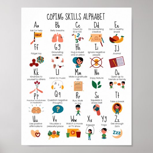 Vaardigheden Alfabet School Counselor Mental Healt Poster (Voorkant)