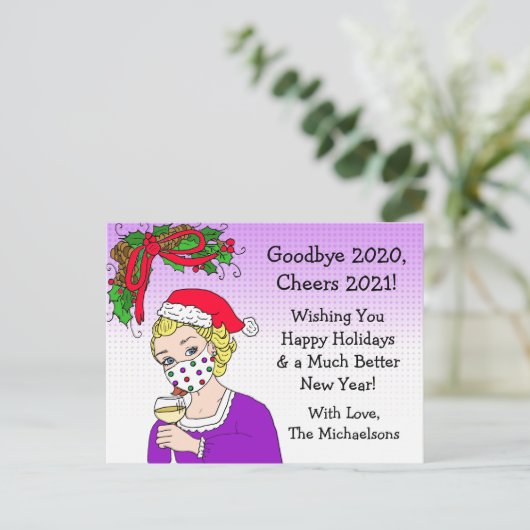 Vaarwel 2020 kerstman Humor Funny Retro Lady Briefkaart (Staand voorkant)