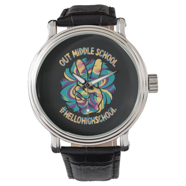 Vaarwel Middel Hallo Middelbare School Tie Dye  Horloge (Voorkant)