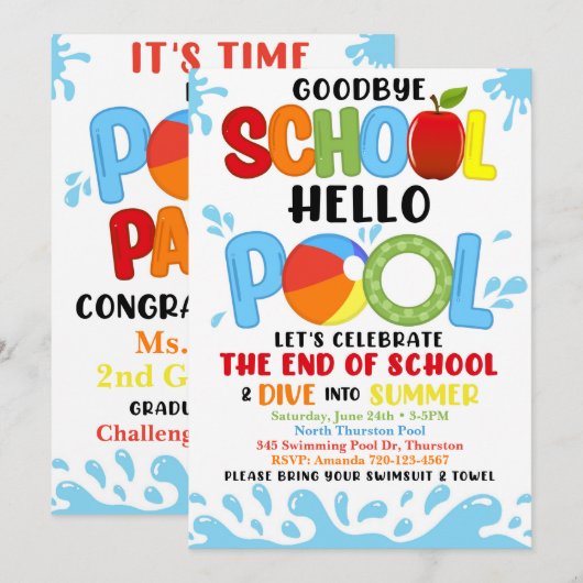 Vaarwel school Hallo pooluitnodiging, einde jaar Kaart (Voorkant / Achterkant)