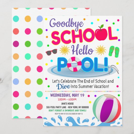 Vaarwel School Hallo Zwembad Feest Meisjes Uitnodi Kaart (Voorkant / Achterkant)