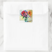 Vaas in impasto-stijl met kleurrijke bloemen vierkante sticker (Tas)
