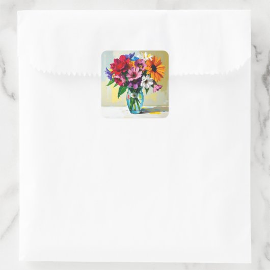 Vaas in impasto-stijl met kleurrijke bloemen vierkante sticker (Tas)