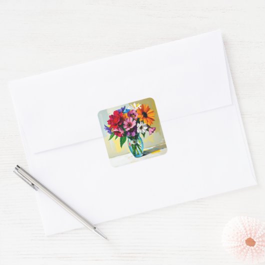 Vaas in impasto-stijl met kleurrijke bloemen vierkante sticker (Envelop)