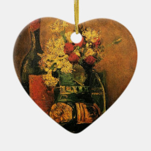 Vaas met anjers en rozen en een fles door Van Keramisch Ornament