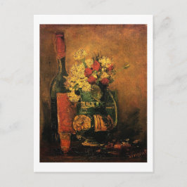 Vaas met anjers en Rozen en een fles Feestdagenkaart