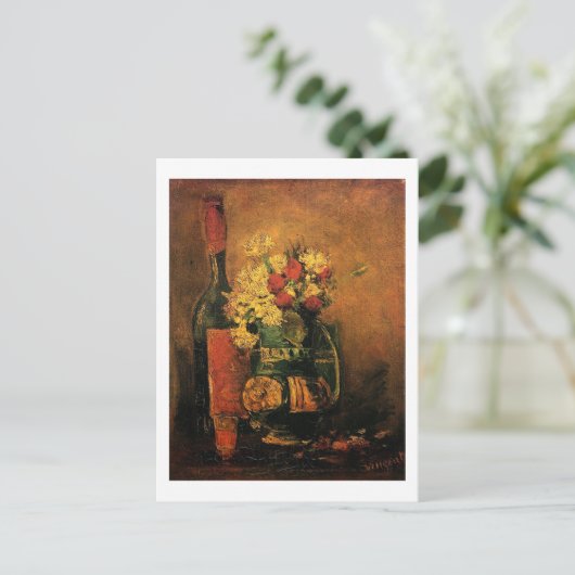 Vaas met anjers en Rozen en een fles Feestdagenkaart (Staand voorkant)