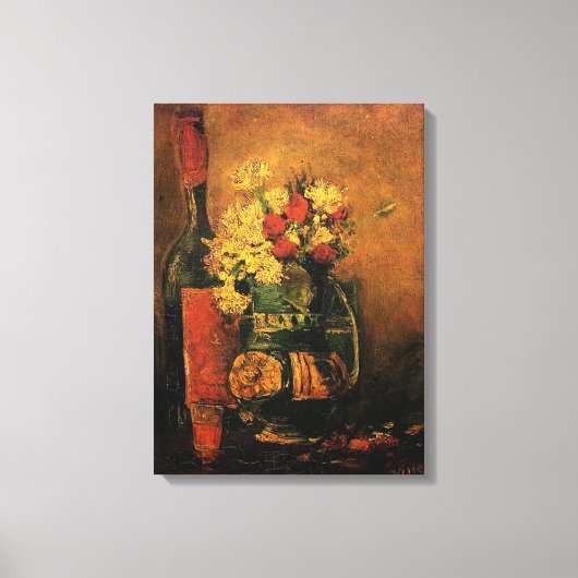 Vaas met anjers en Rozen en een fles, Vince Canvas Afdruk (Voorkant)