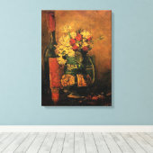 Vaas met anjers en Rozen en een fles, Vince Canvas Afdruk (Insitu (Houten vloer))