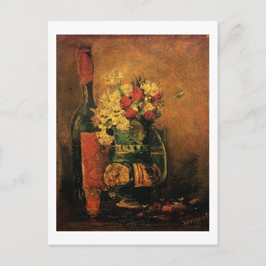 Vaas met anjers en Rozen en een flesje Feestdagenkaart (Voorkant)