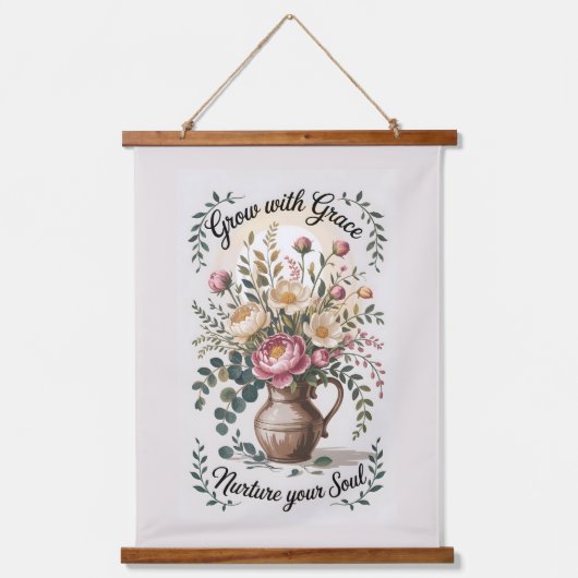 Vaas met bloemen groeien met Grace Quote Hangend Wandkleed (Voorkant)