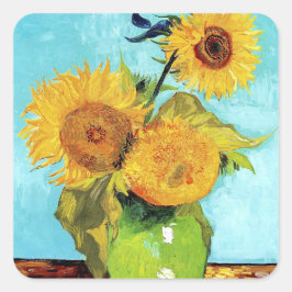 Vaas met drie zonnebloemen Van Gogh kunstpapier Vierkante Sticker