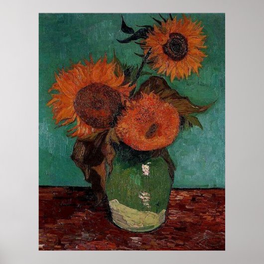 vaas met drie zonnebloemen, van Gogh Poster (Voorkant)