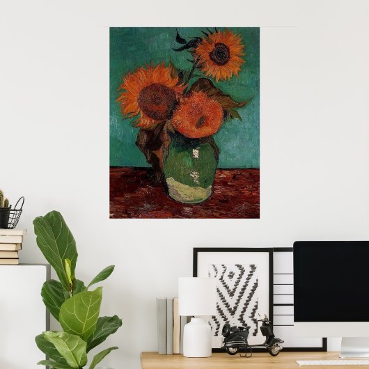 vaas met drie zonnebloemen, van Gogh Poster (Thuiskantoor)