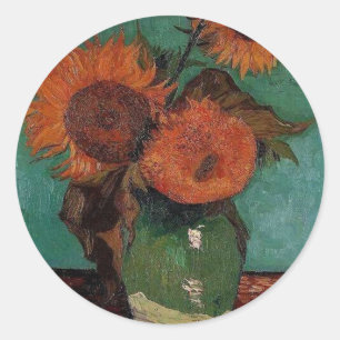 vaas met drie zonnebloemen, van Gogh Ronde Sticker