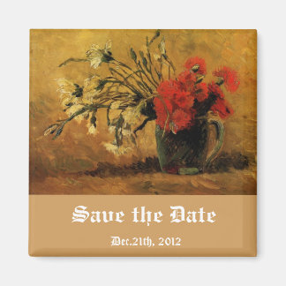 vaas met rode en witte anjers, behalve de datum magneet